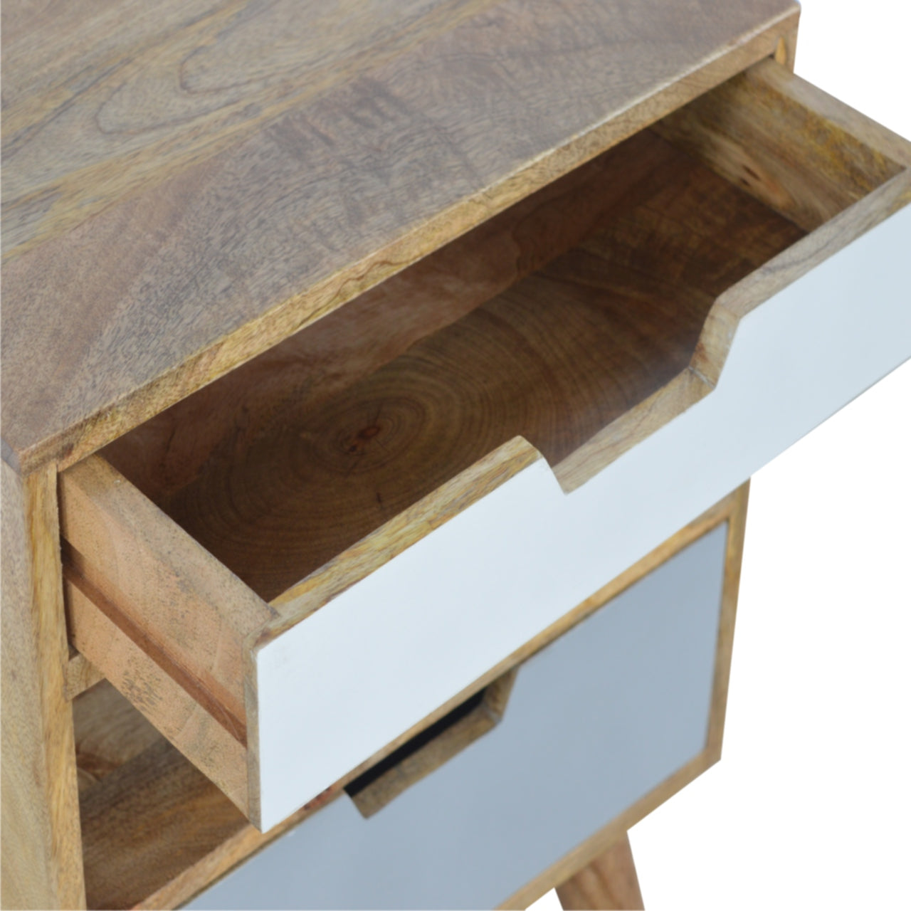 Grey and White Cut-out Bedside Table | Oak-Ish Solid Mango Wood