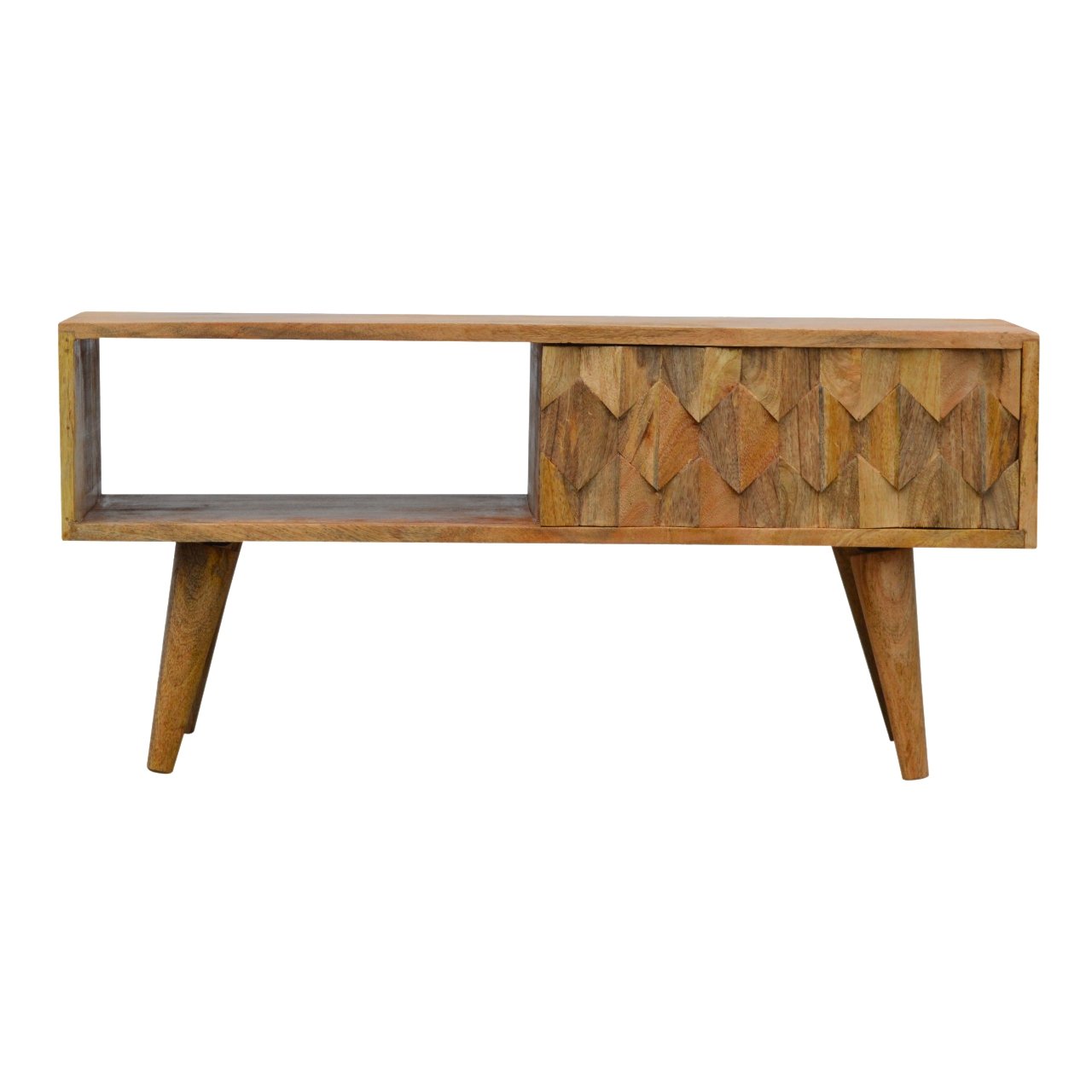 Pineapple Carve Sliding TV Media Unit | Oak-Ish Mango Wood