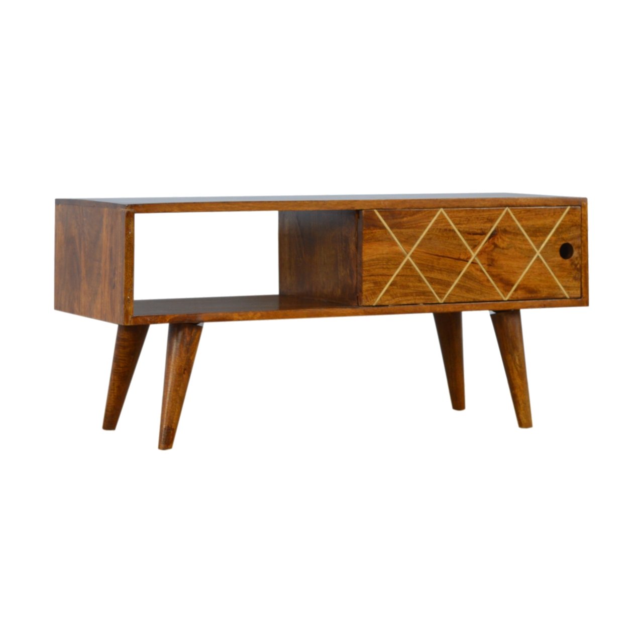 Sliding Brass Inlay TV Media Unit | Chestnut Mango Wood