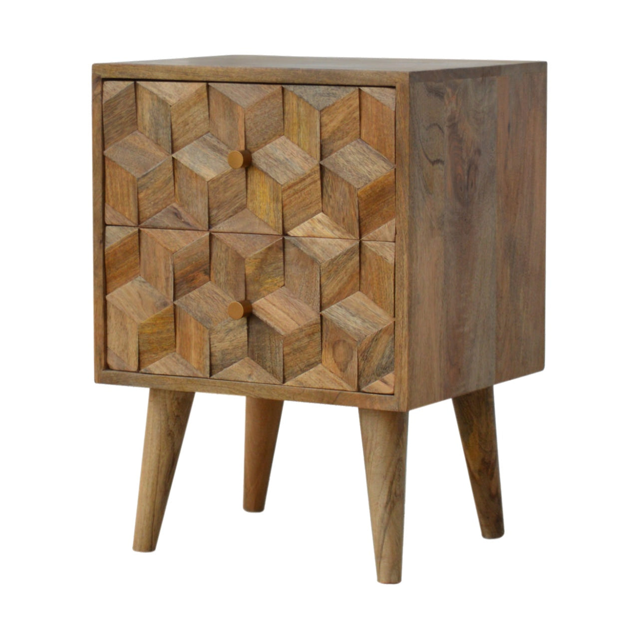 Cube Carved 2-Drawer Bedside Table | Oak Mango Wood