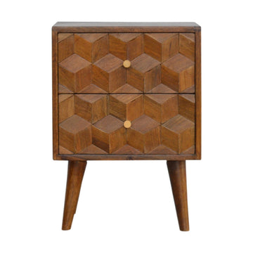 Chestnut Cube Carved Bedside Table | Hand-Carved