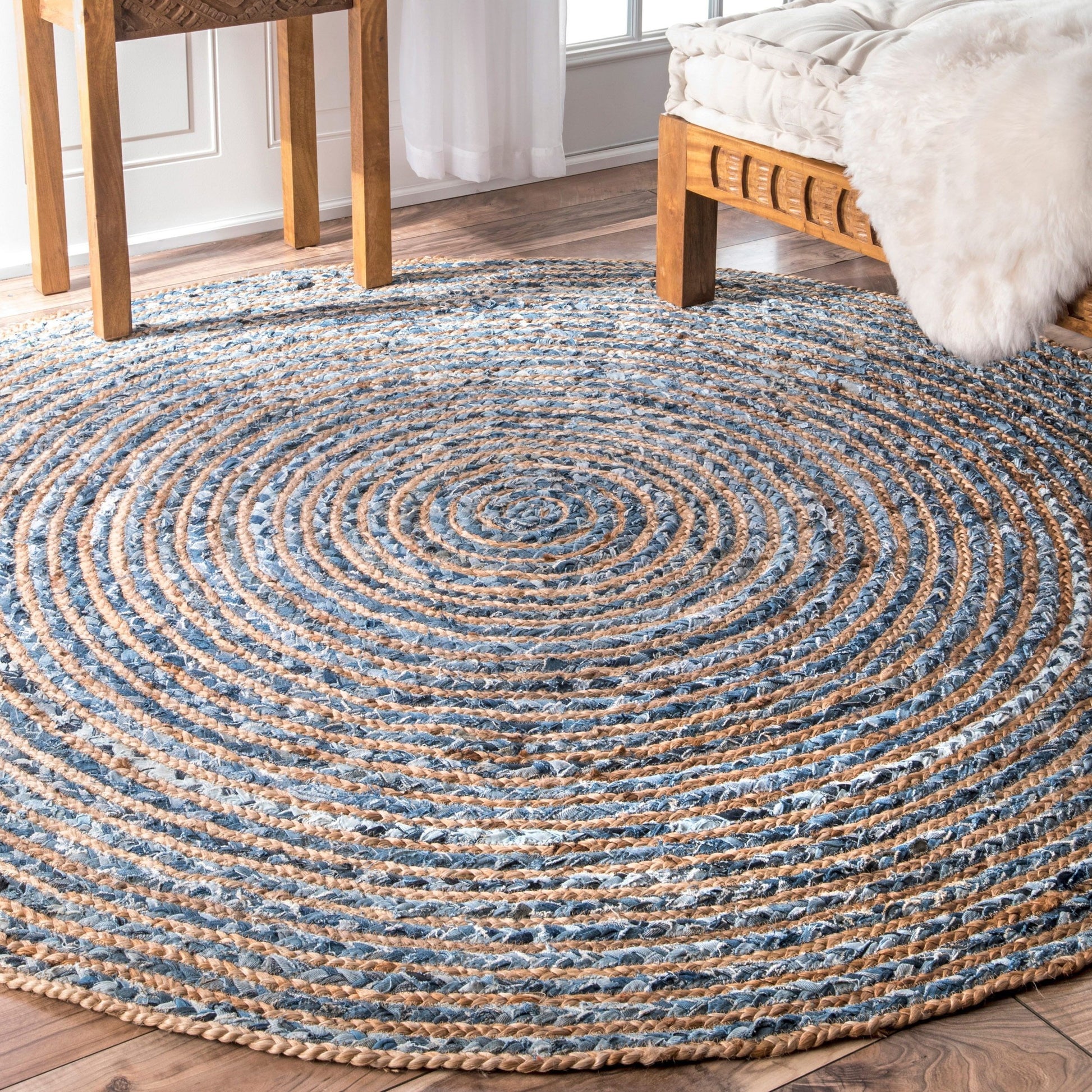 Round Jute and Recycle Denim Rug - 120 cm-Rugs