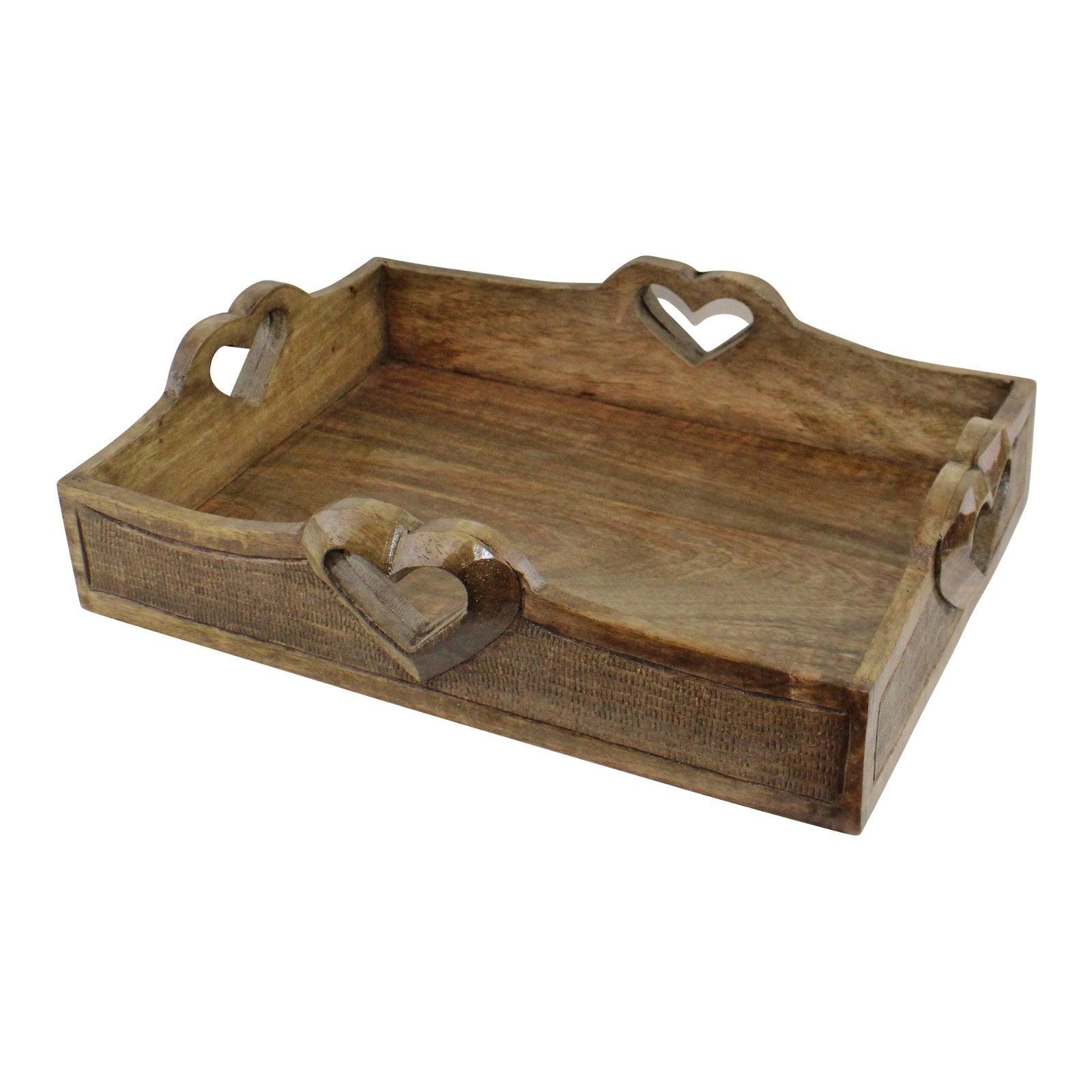 Set Of 2 Mango Wood Heart Detail Serving Trays-Trays & Chopping Boards