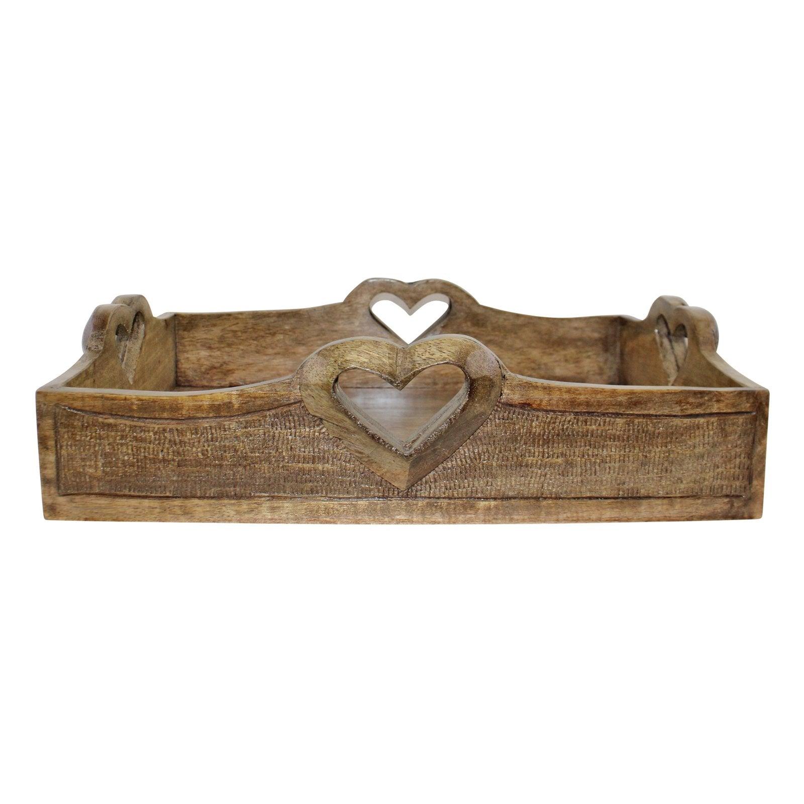Set Of 2 Mango Wood Heart Detail Serving Trays-Trays & Chopping Boards