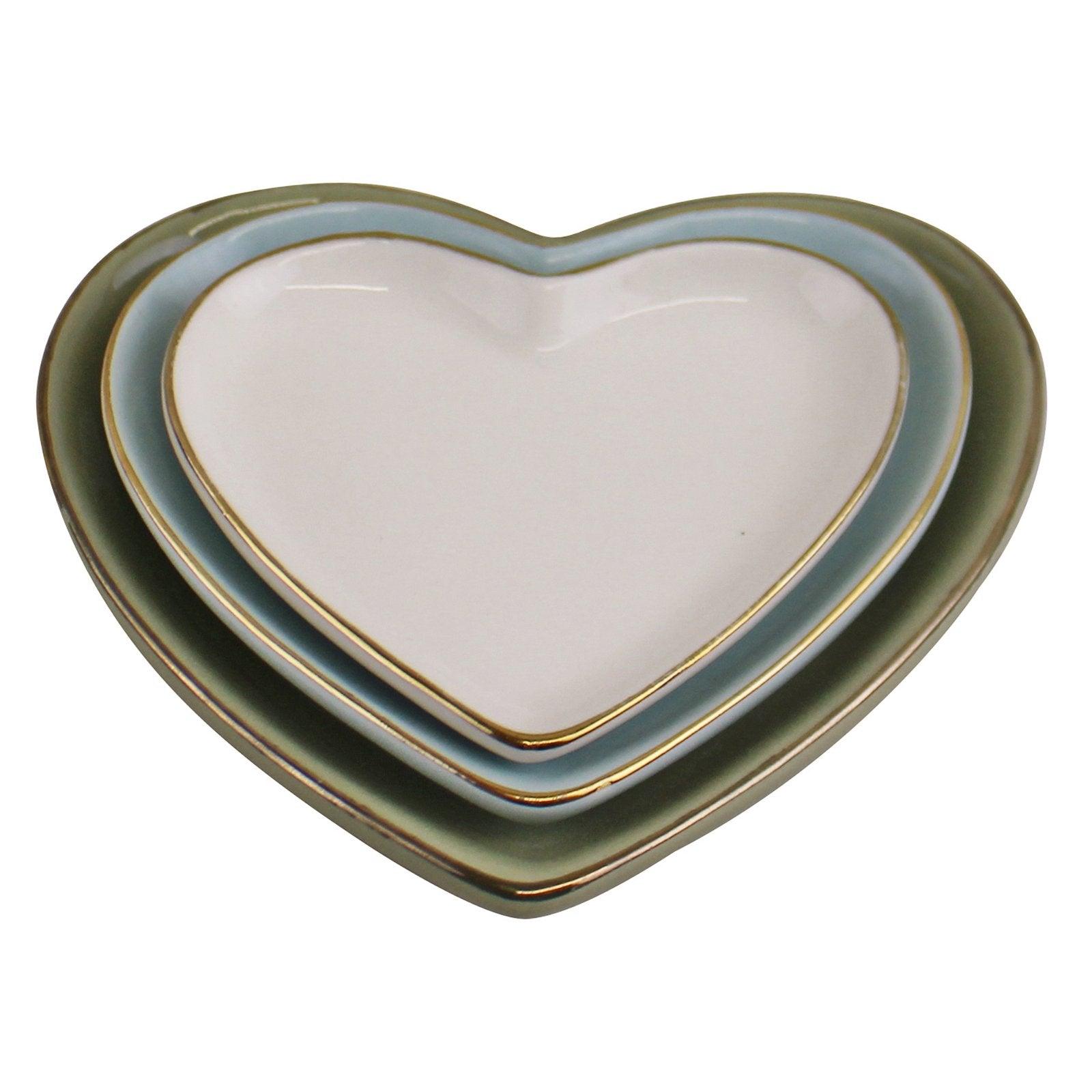 Set Of 3 Heart Shaped Ceramic Trinket Plates With A Gold Edge-Ornaments