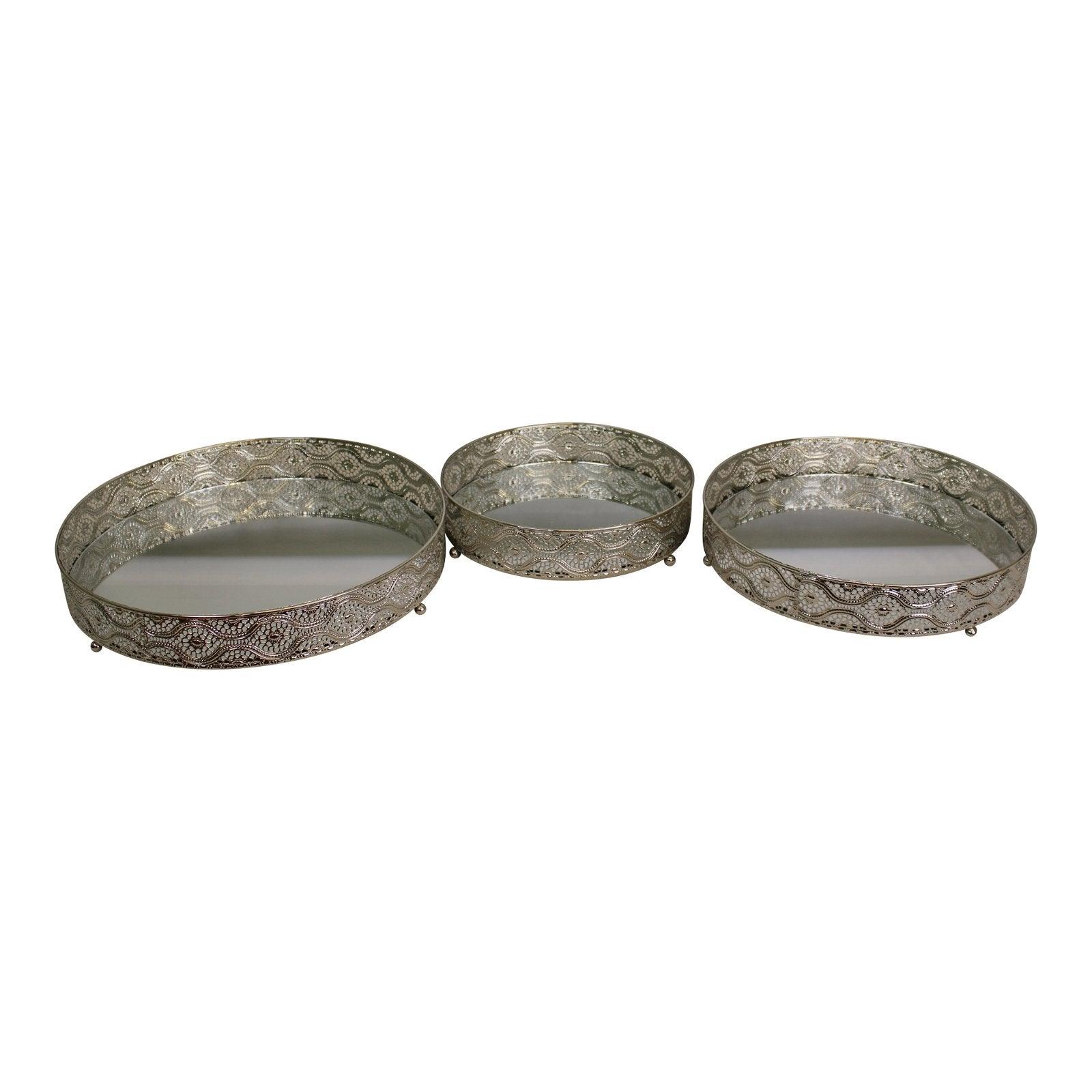 Set Of 3 Silver Metal and Mirrored Candle Plates-Candle Holders & Plates