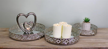 Set Of 3 Silver Metal and Mirrored Candle Plates - £49.99 - Candle Holders & Plates 