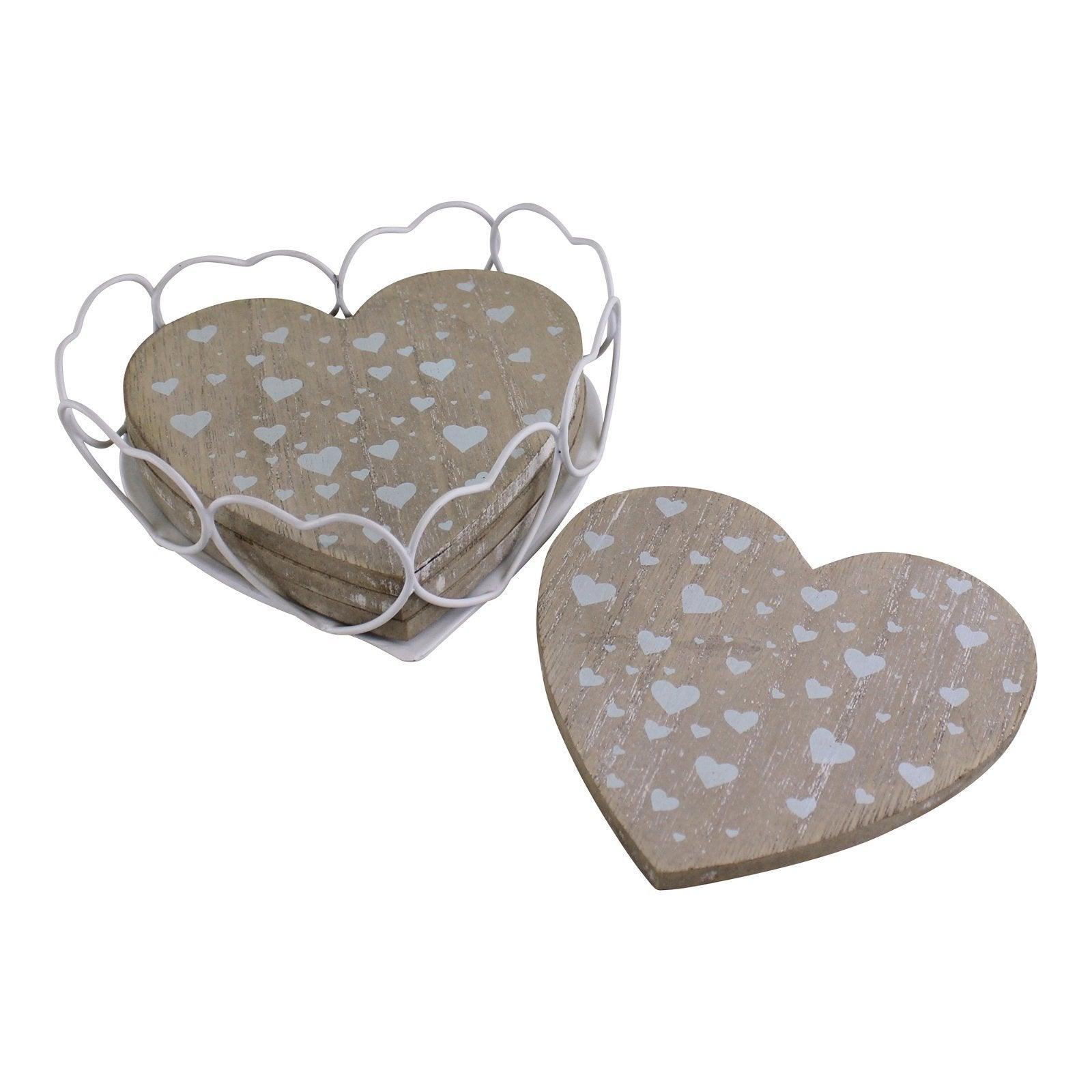 Set Of 4 Heart Shaped Coasters In Wire Holder-Coasters & Placemats