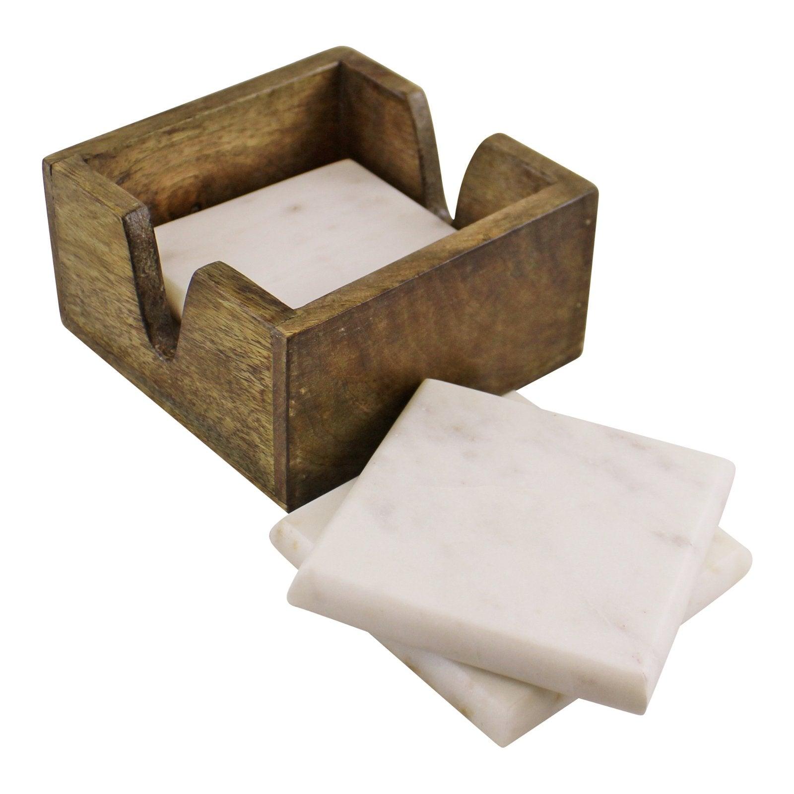 Set of 4 High Quality Marble Coasters In A Mango Wood Holder-Coasters & Placemats