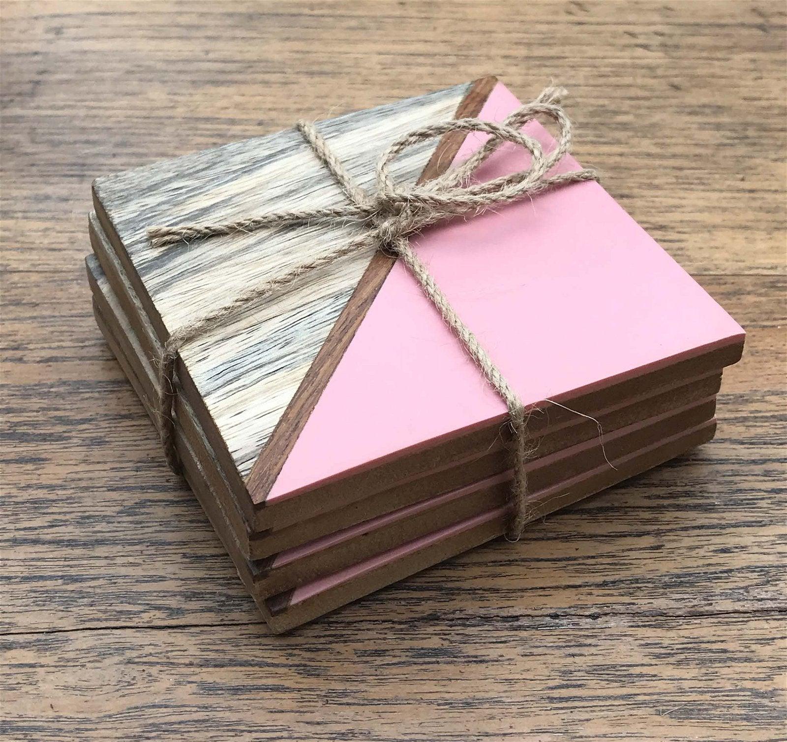 Set Of 4 Square Two Toned Wooden Coasters - Pink-Coasters & Placemats
