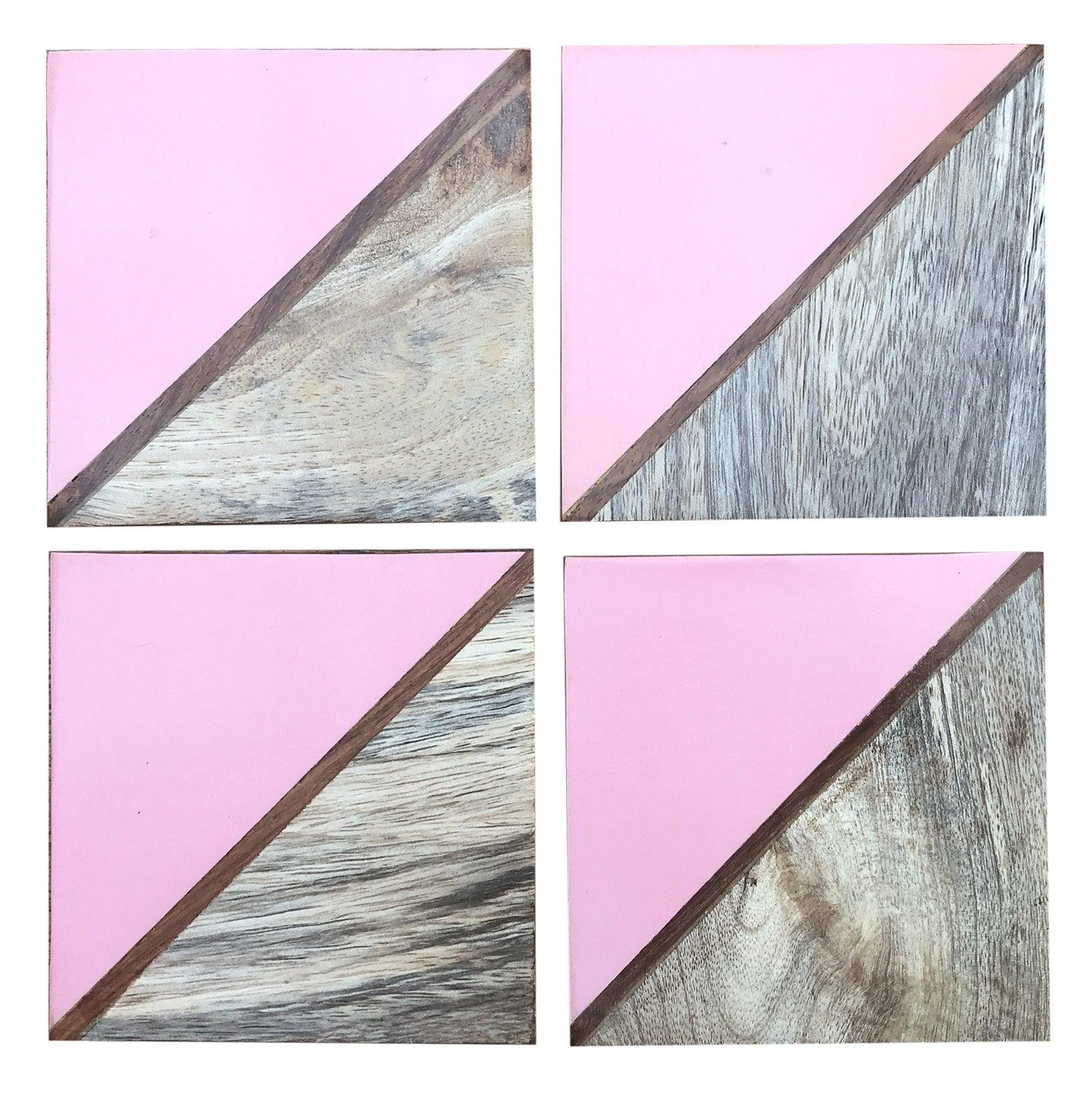 Set Of 4 Square Two Toned Wooden Coasters - Pink-Coasters & Placemats