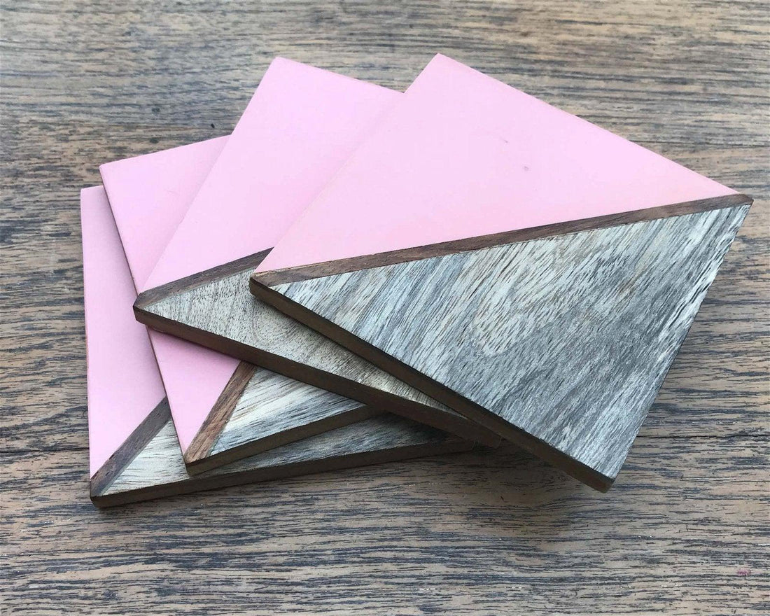 Set Of 4 Square Two Toned Wooden Coasters - Pink - £15.99 - Coasters & Placemats 