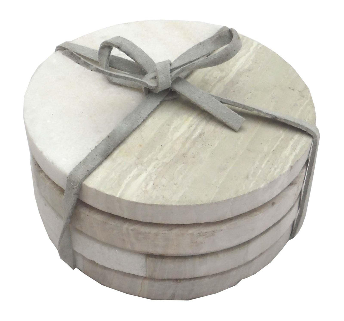Set of 4 Wood Effect Marble Coasters - Round - £18.99 - Coasters & Placemats 