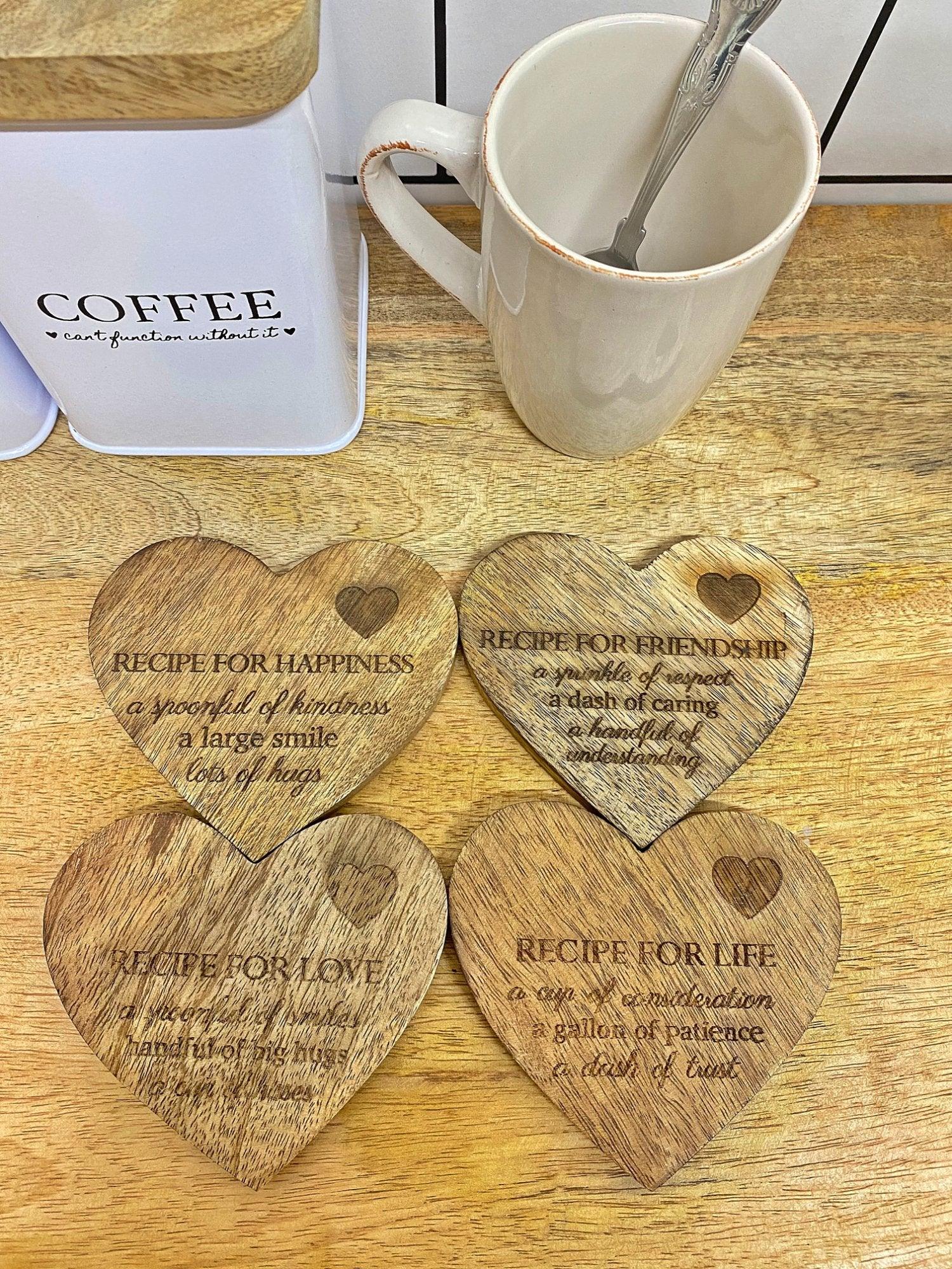 Set of 4 Wooden Heart Shaped Coasters-