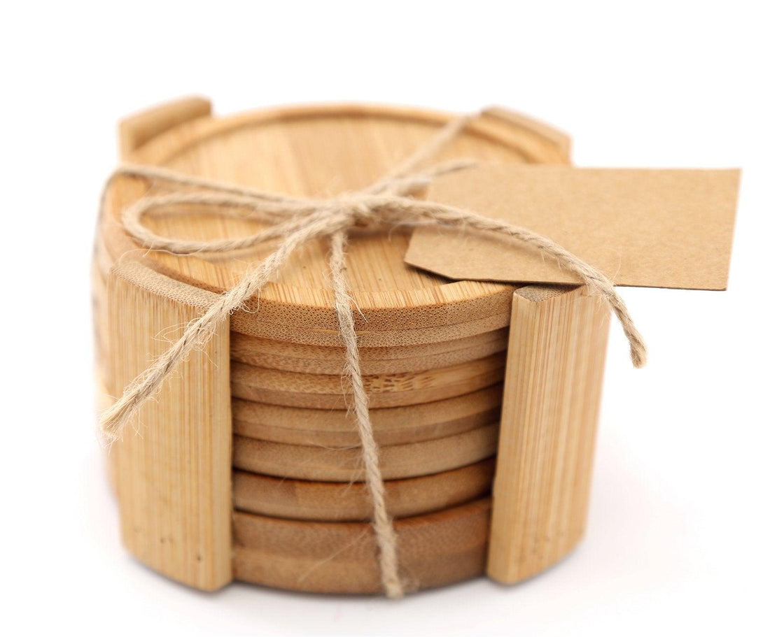 Set Of 6 Round Bamboo Coasters With Holder 12cm - £18.99 - Coasters & Placemats 