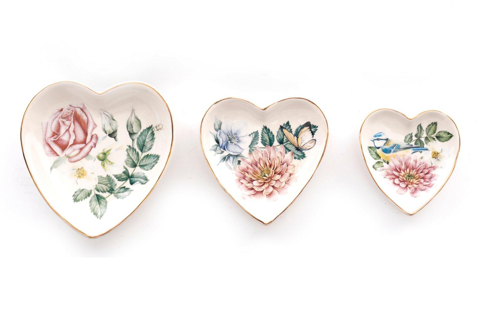 Set Of Three Heart Trinkets Dishes with Gold Edging-Bowls & Plates