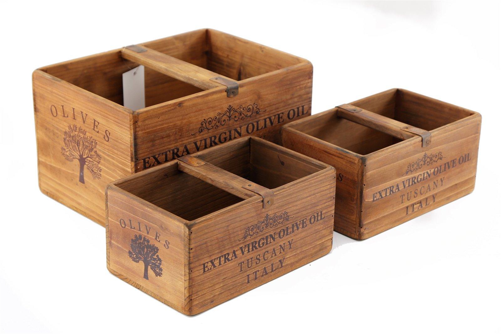 Set of Three Olive Oil' Wooden Crates-Storage Baskets
