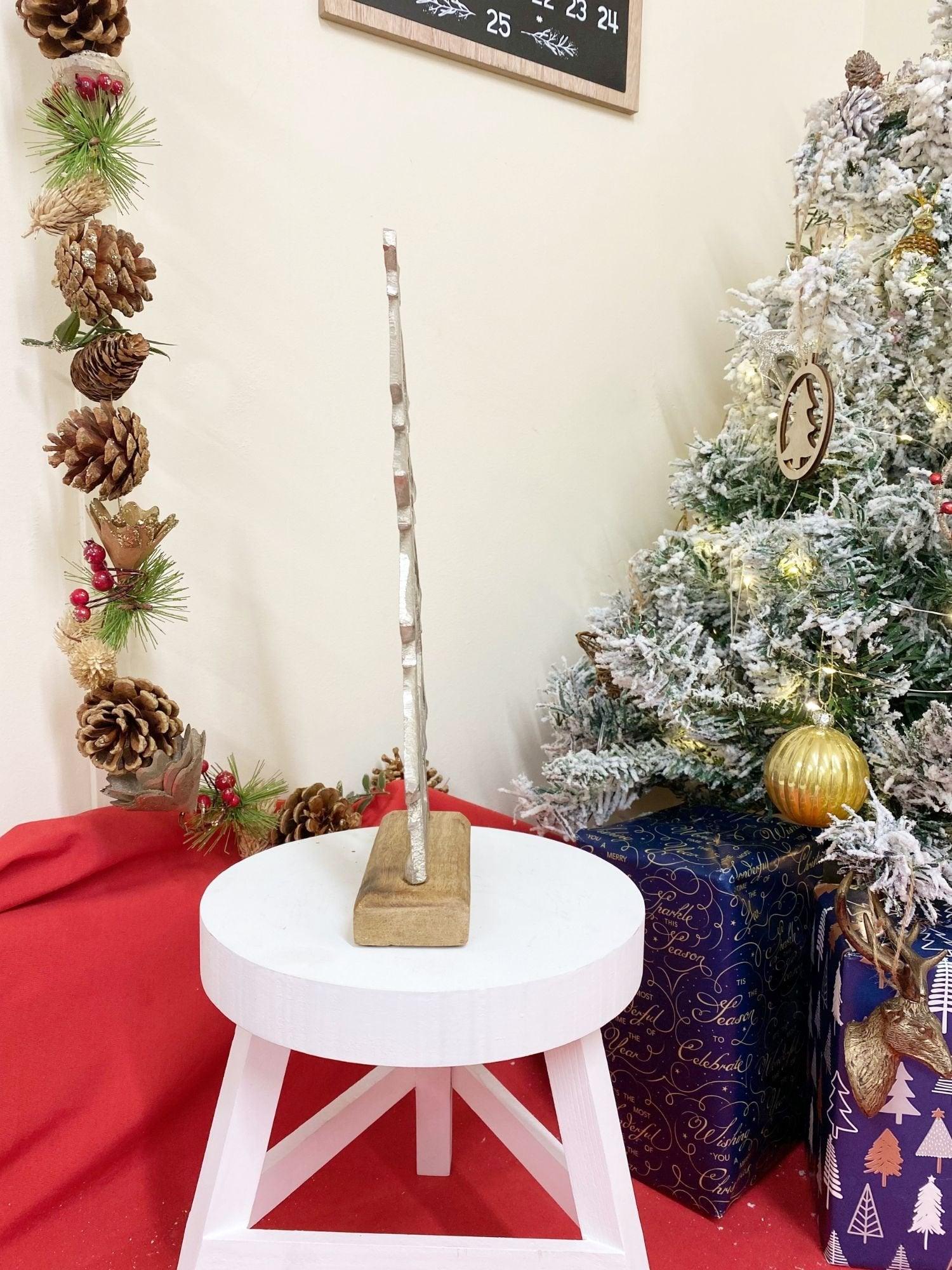 Silver Christmas Tree & Stars On Wooden Base-