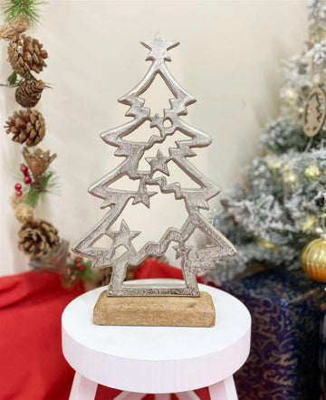 Silver Christmas Tree & Stars On Wooden Base - £21.99 - 