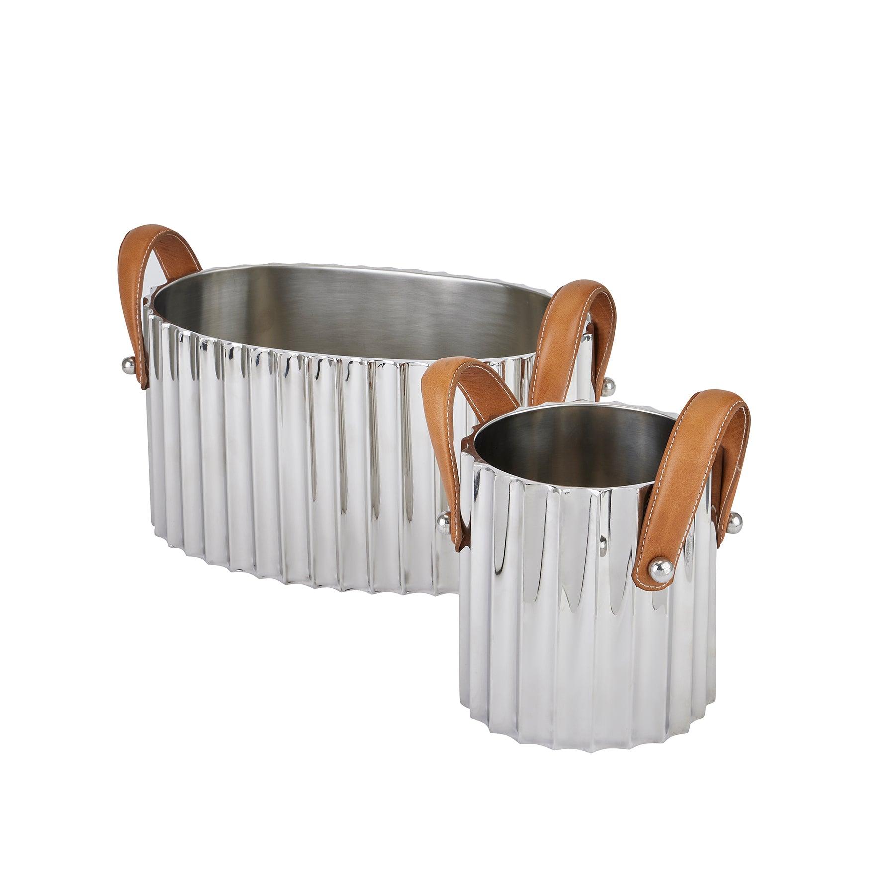 Silver Fluted Leather Handled Single Champagne Cooler-Gifts & Accessories > Kitchen And Tableware > Ornaments