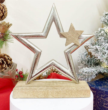 Silver Star On Wooden Base Decoration - £29.99 - 
