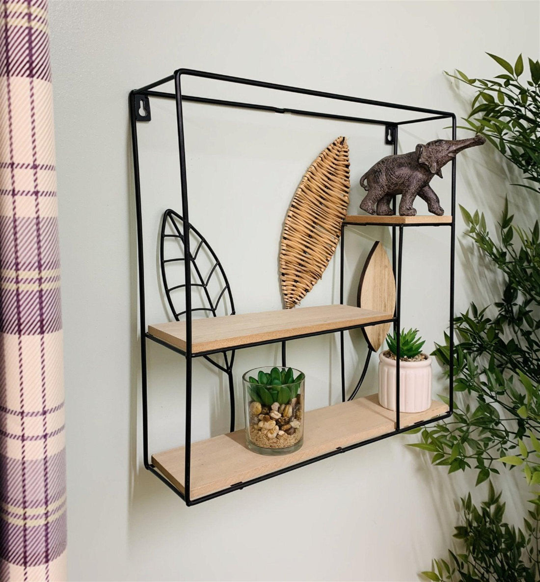 Square Metal Framed Rattan Leaf Shelf Unit - £76.99 - Wall Hanging Shelving 