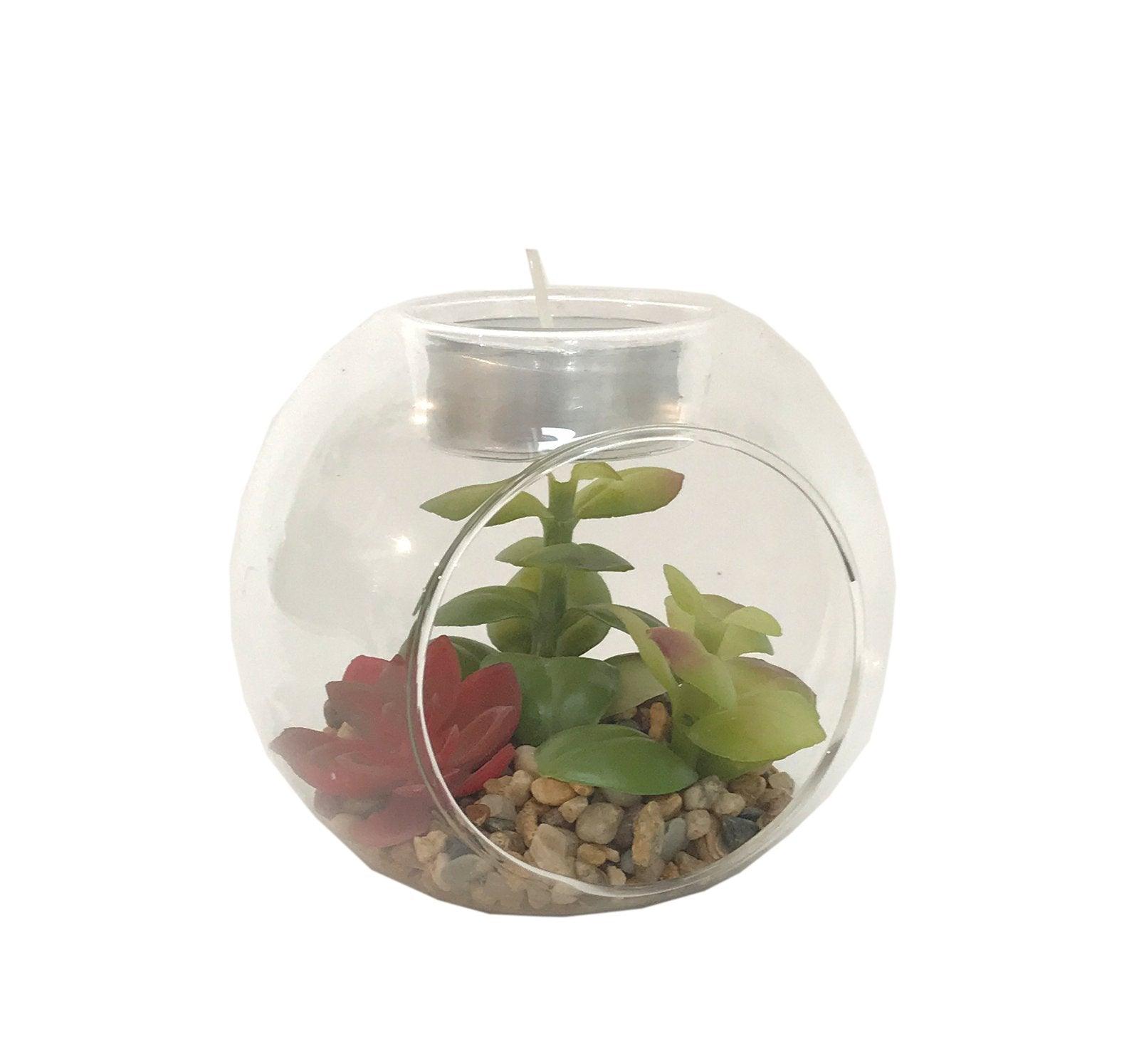 Succulent In Glass Terrarium with TeaLight Holder-Small Succulents & Faux Bonsai