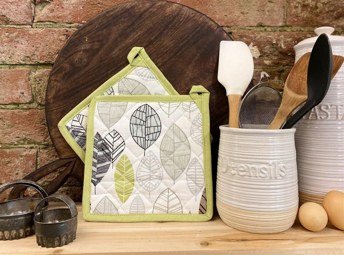 Two Fabric Pot or Pan Mats With Contemporary Green Leaf Print Design - £15.99 - Decorative Kitchen Items 