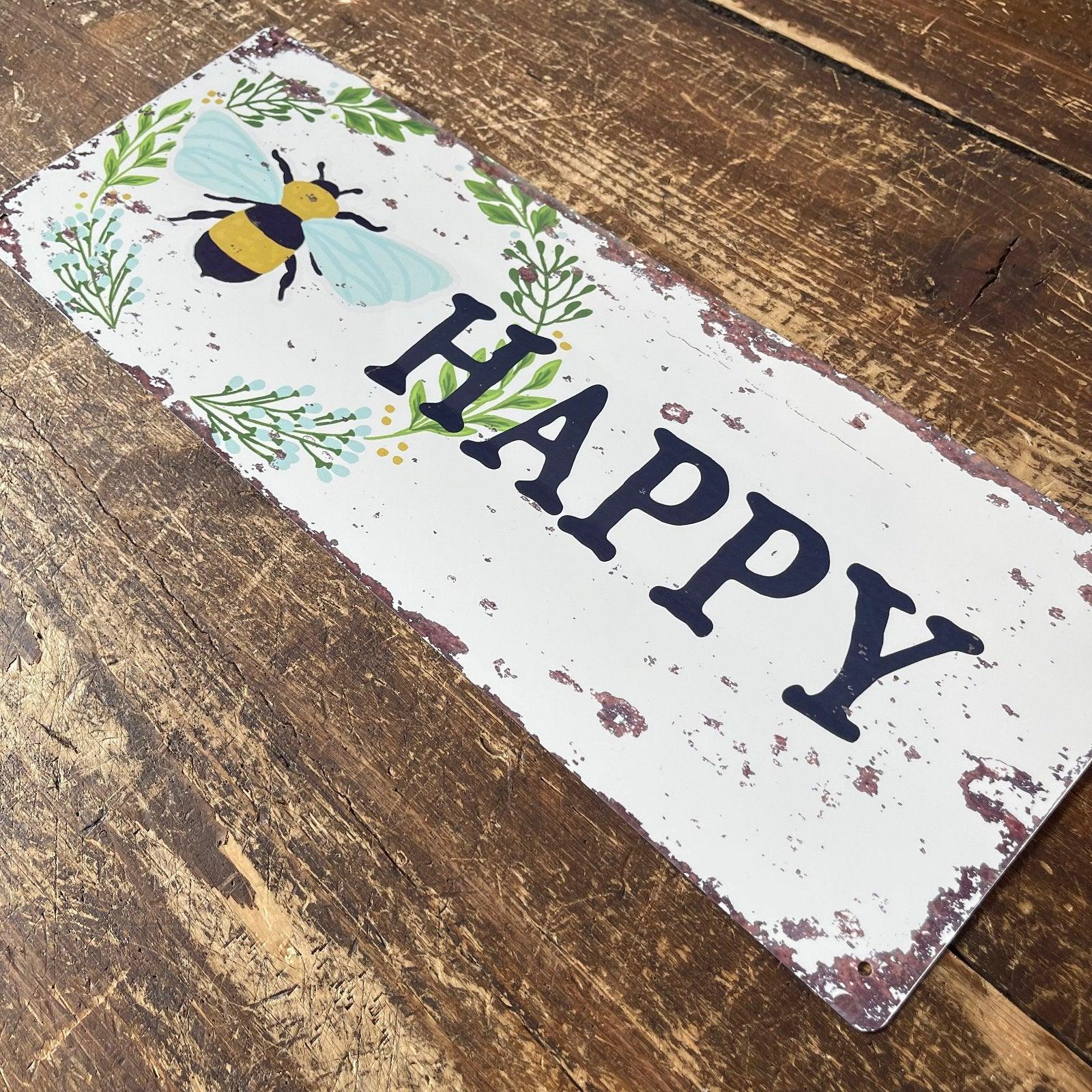Vintage Metal Sign - Bee Happy Wall Sign-Signs & Rules