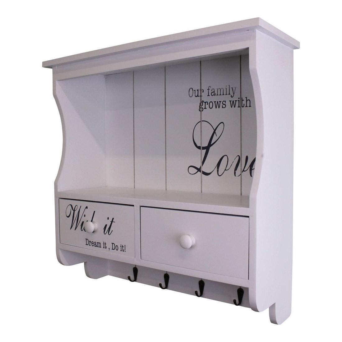 Wall Unit in White with Hooks, Drawers & Shelf - £66.99 - Wall Hanging Shelving 
