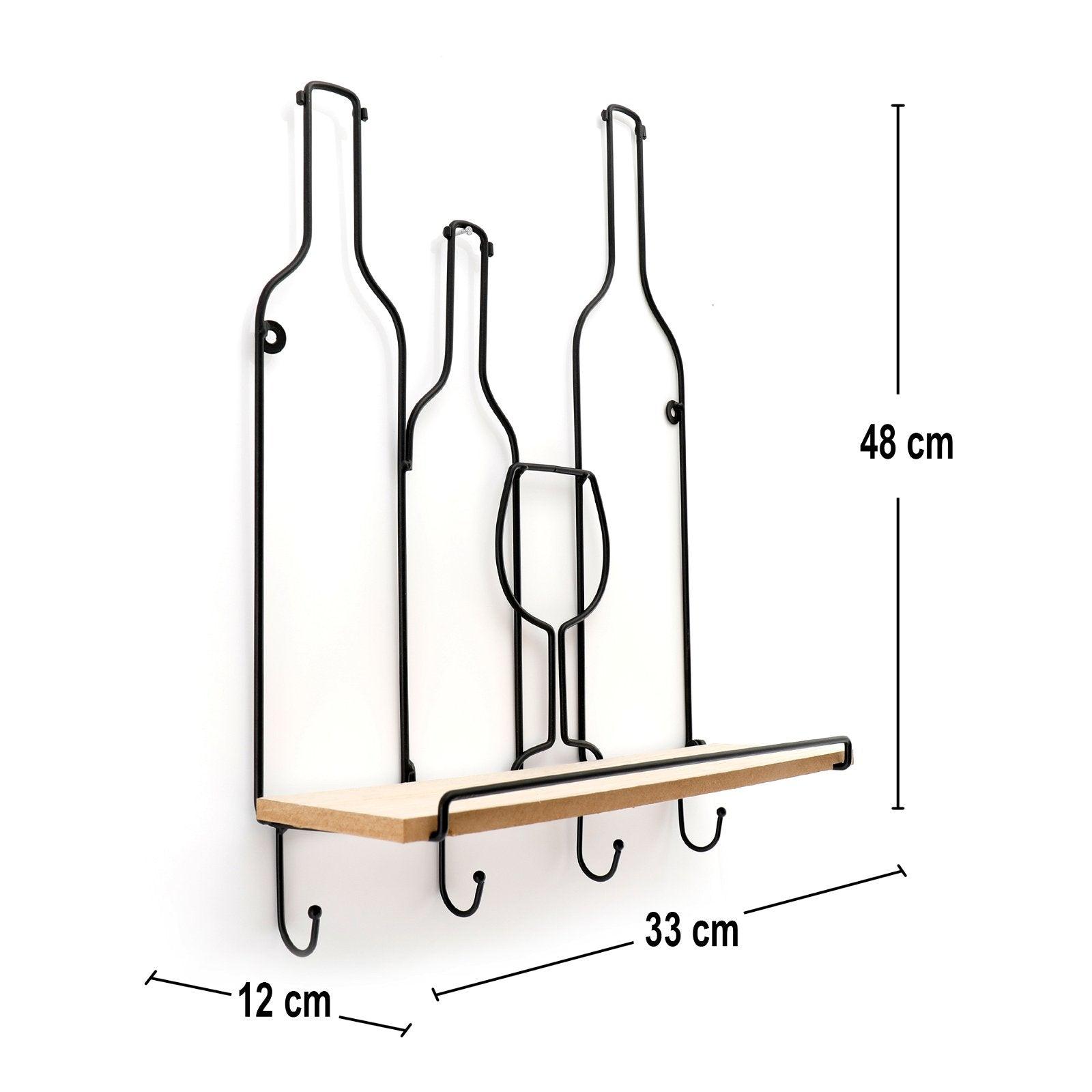 Wine Bottles Wall Shelf & 4 Hooks-Wall Hanging Shelving
