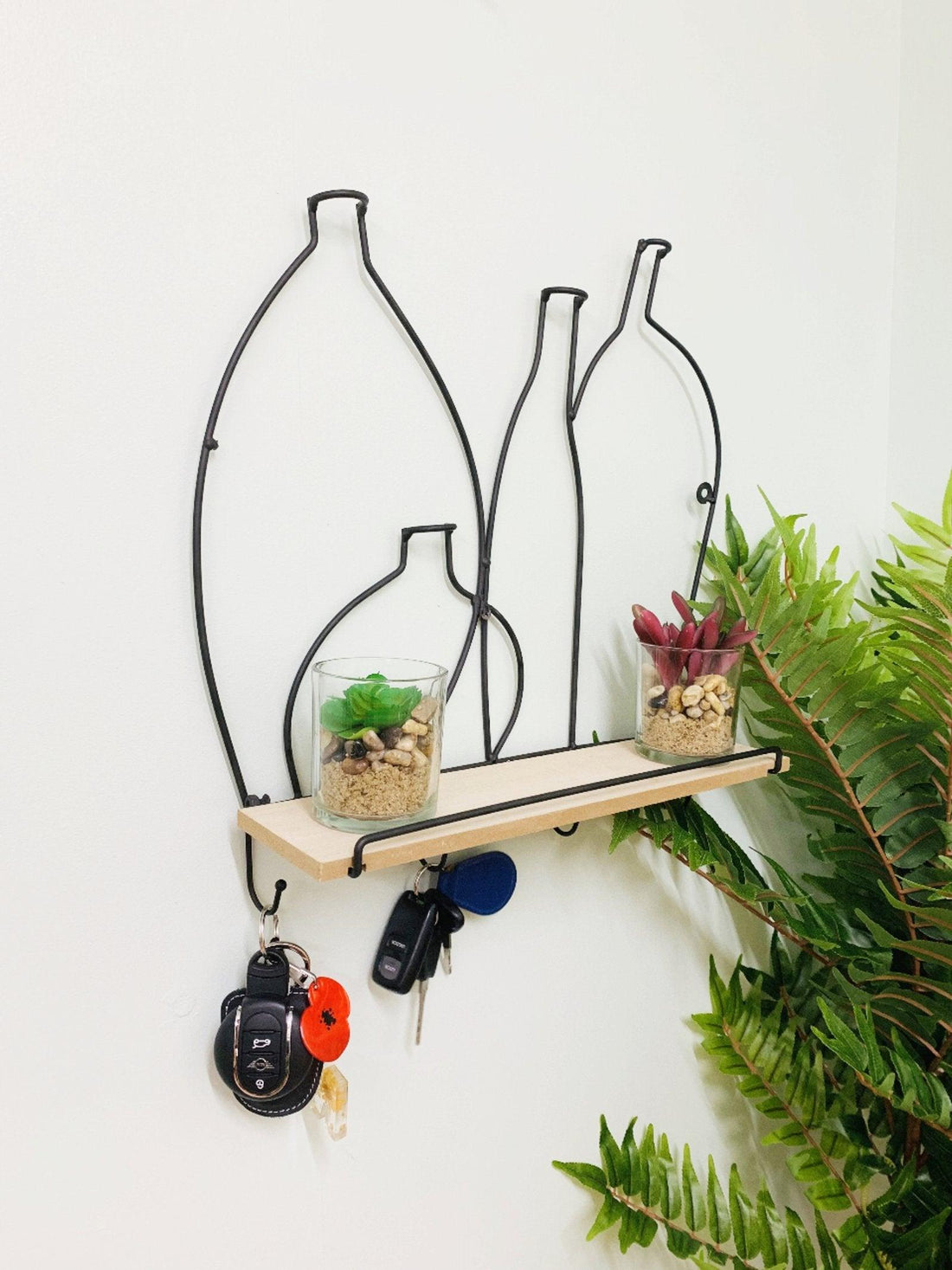 Wire Bottle Design Shelf with 4 Hooks - £25.99 - Wall Hanging Shelving 