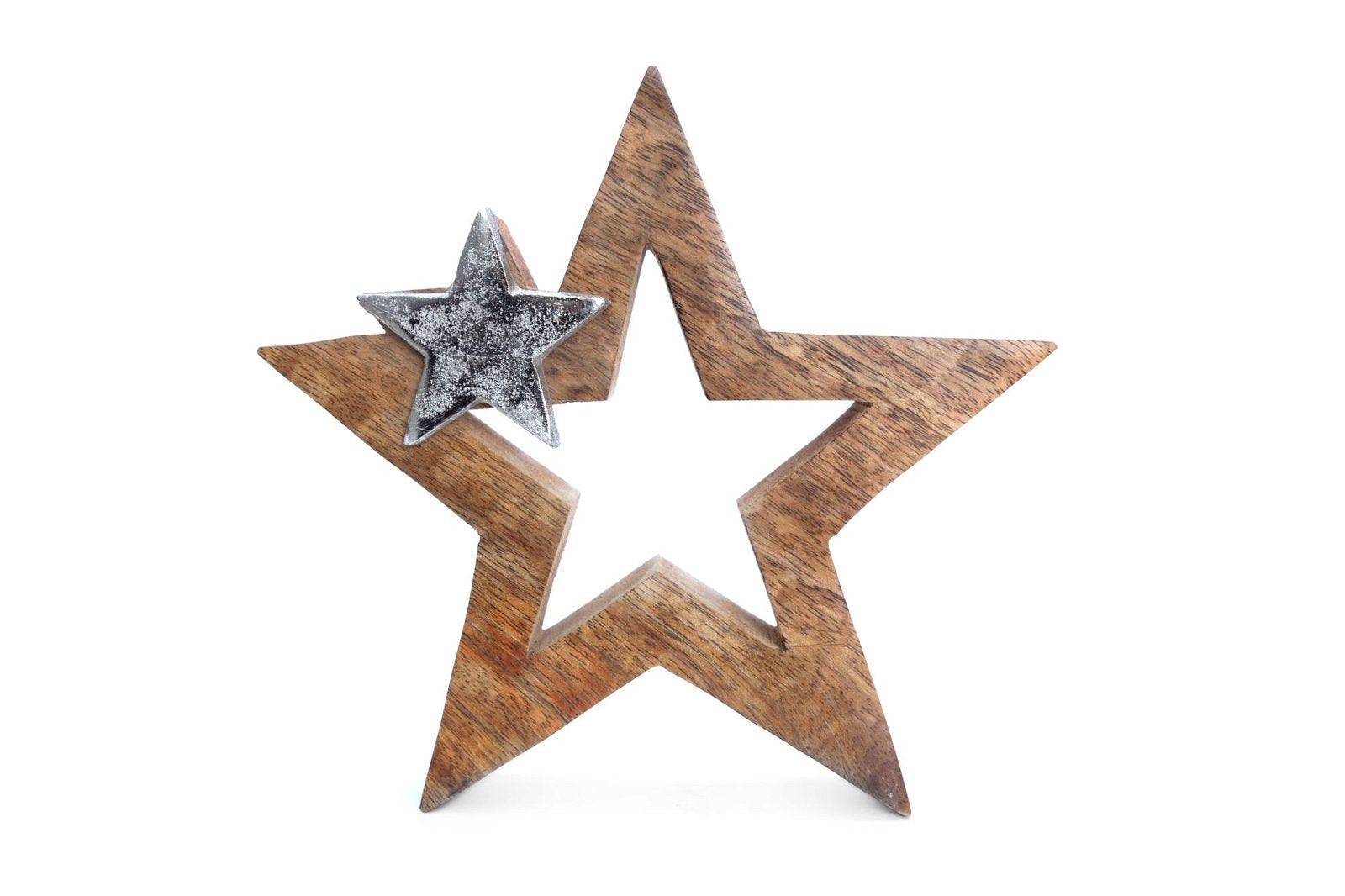 Wood & Silver Metal Star Decoration 20cm-