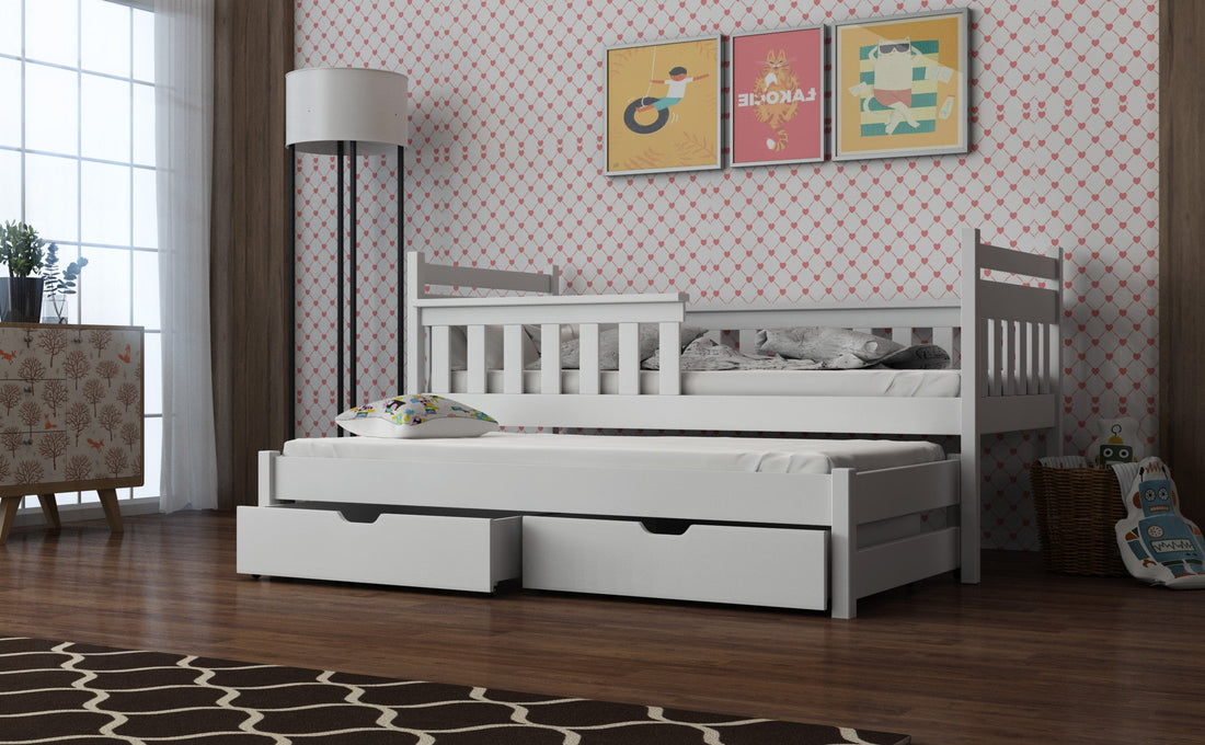Wooden Bed Dominik with Trundle and Storage White Matt Kids Single Bed 