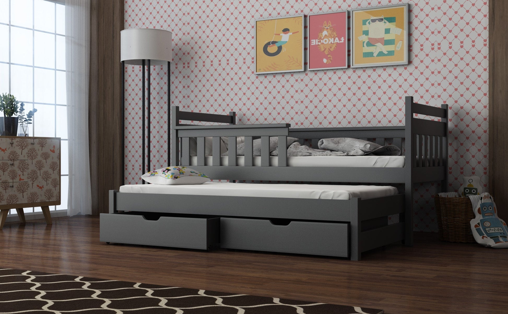 Wooden Bed Dominik with Trundle and Storage Graphite Kids Single Bed 