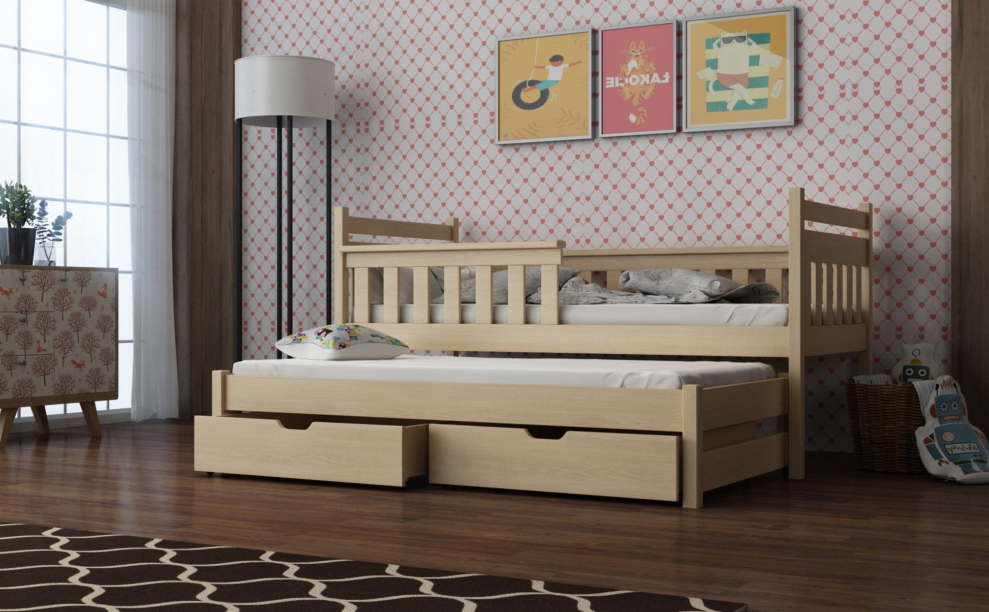Wooden Bed Dominik with Trundle and Storage Pine Kids Single Bed 