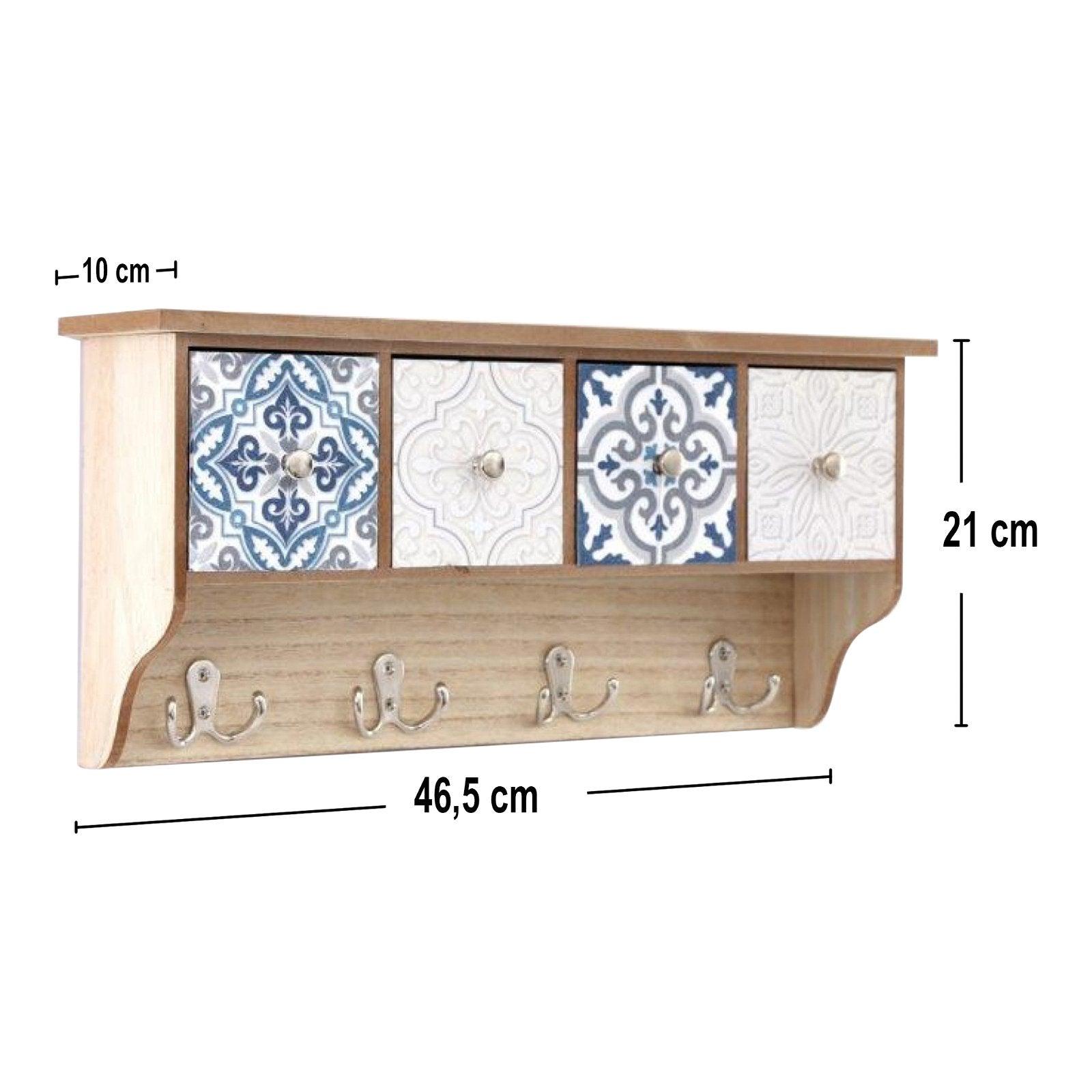 Wooden Blue Wall Shelf With 4 Drawers & Hooks 46cm-Coat Hooks