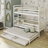 Single (3ft) Premium Solid Pine Bunk Bed with Trundle & Storage Drawers White Matt Foam Mattresses