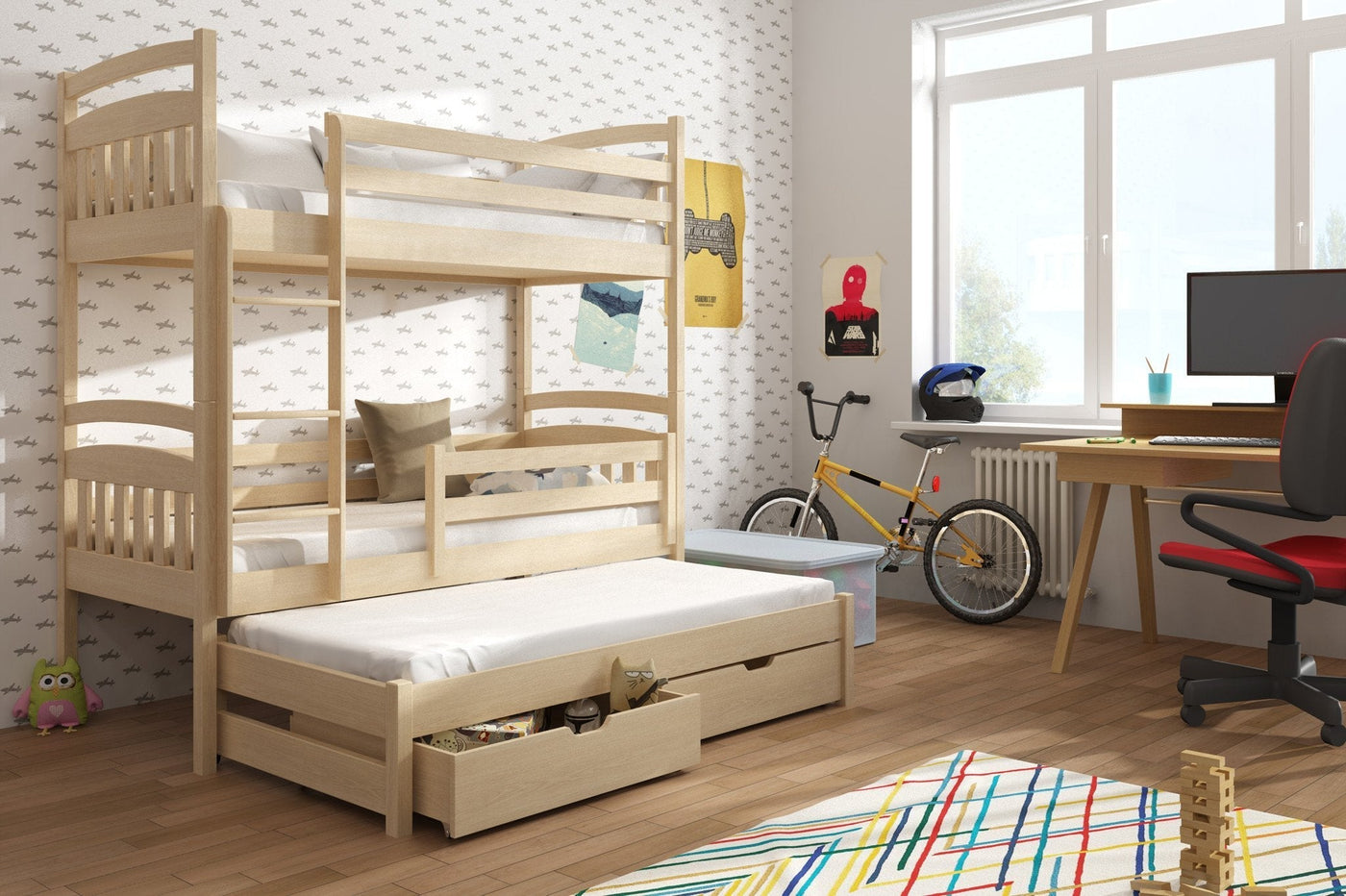 Single (3ft) Premium Solid Pine Bunk Bed with Trundle & Storage Drawers Pine