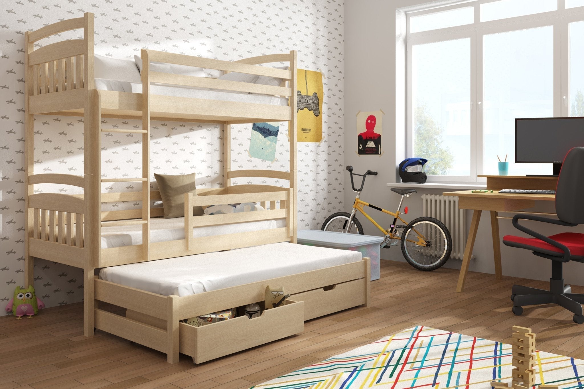 Wooden Bunk Bed Alan with Trundle and Storage Pine Bunk Bed 