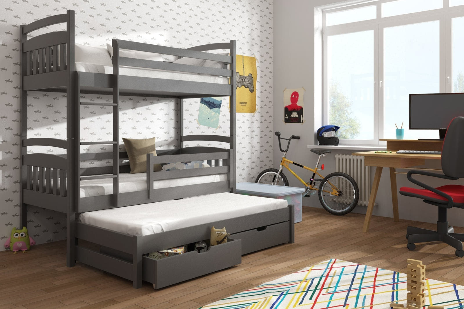 Solid Pine Bunk Bed with Trundle & Storage Drawers – Single 3ft | Premium Triple Sleeper Kids Bed Graphite