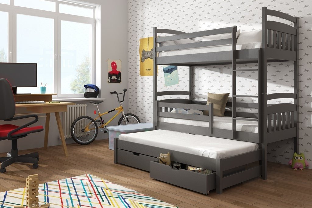 Single (3ft) Premium Solid Pine Bunk Bed with Trundle & Storage Drawers Graphite Foam Mattresses