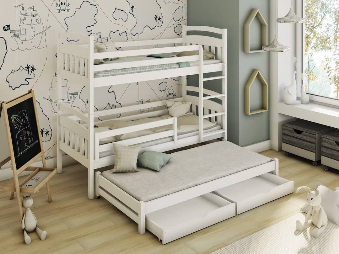 Single (3ft) Premium Solid Pine Bunk Bed with Trundle & Storage Drawers White Matt