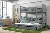 Solid Pine Bunk Bed with Trundle & Storage – Single 3ft | Non-Toxic Paint Triple Sleeper Kids Bed Grey Foam Mattresses