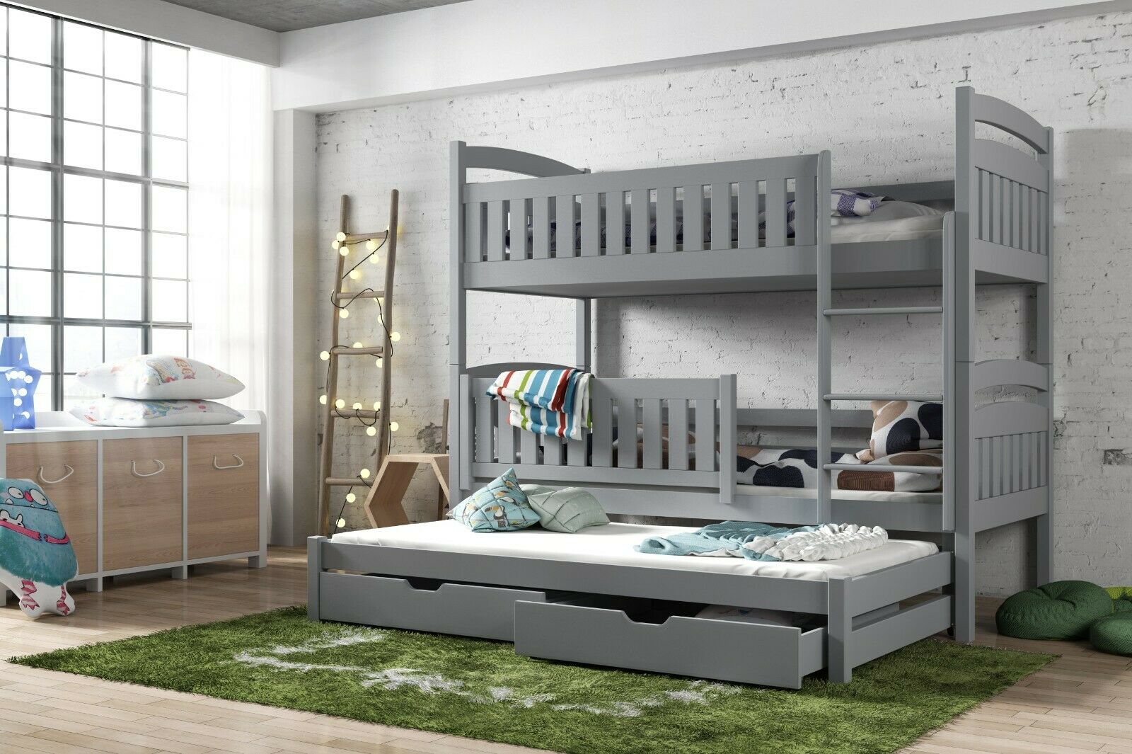 Wooden Bunk Bed Blanka with Trundle and Storage Grey Bunk Bed 