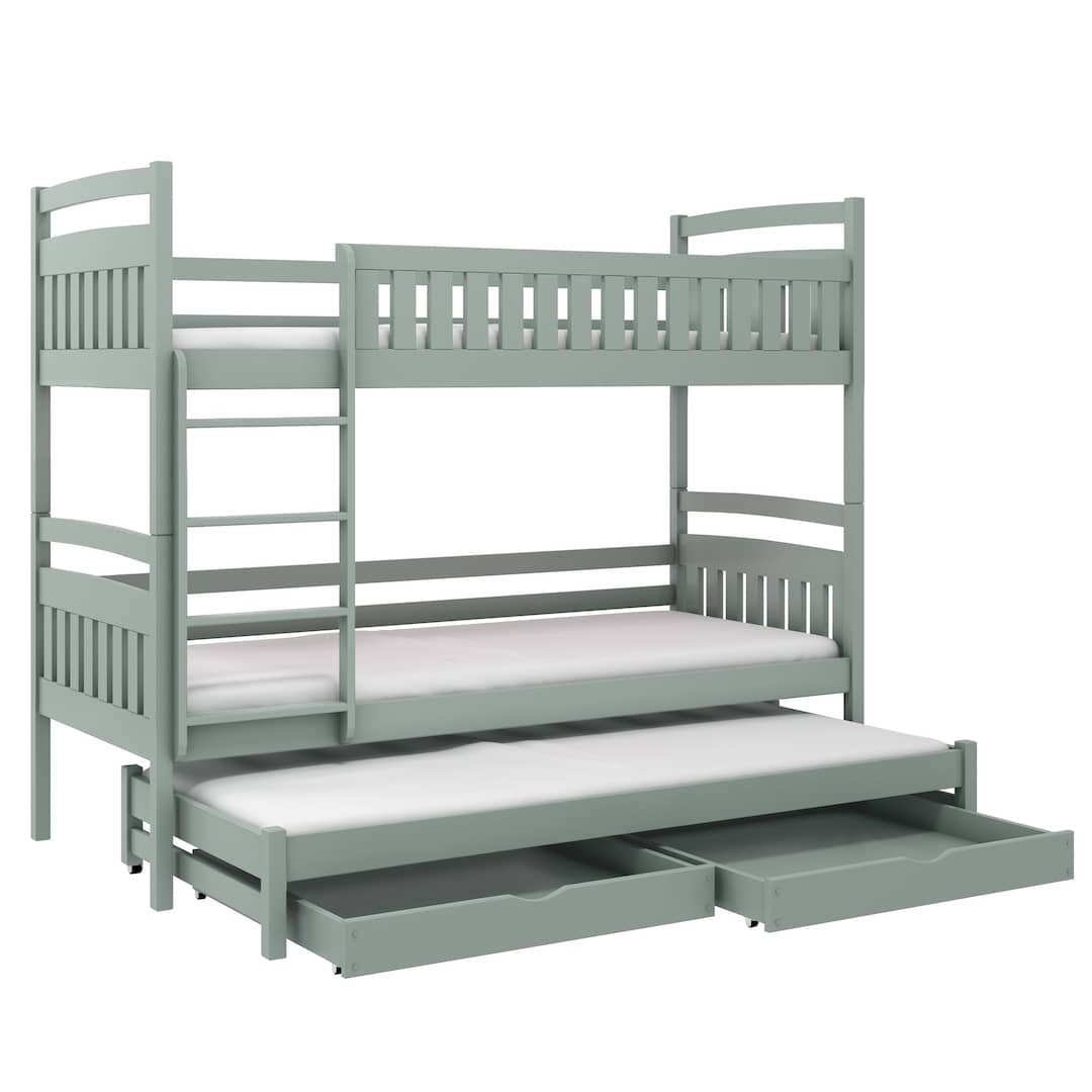 Solid Pine Bunk Bed with Trundle & Storage – Single 3ft | Non-Toxic Paint Triple Sleeper Kids Bed