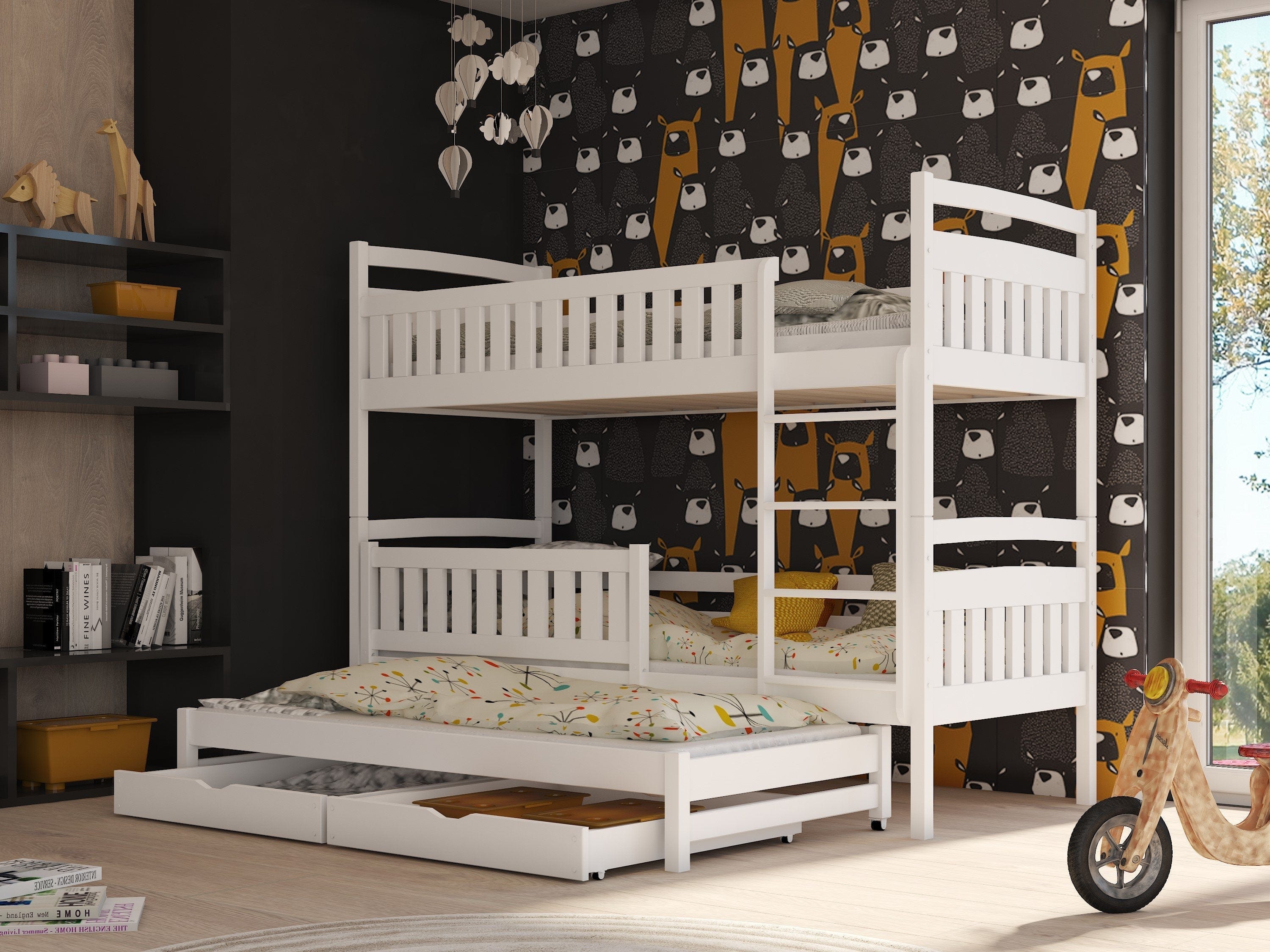 Solid Pine Bunk Bed with Trundle & Storage – Single 3ft | Non-Toxic Paint Triple Sleeper Kids Bed White Matt Foam Mattresses