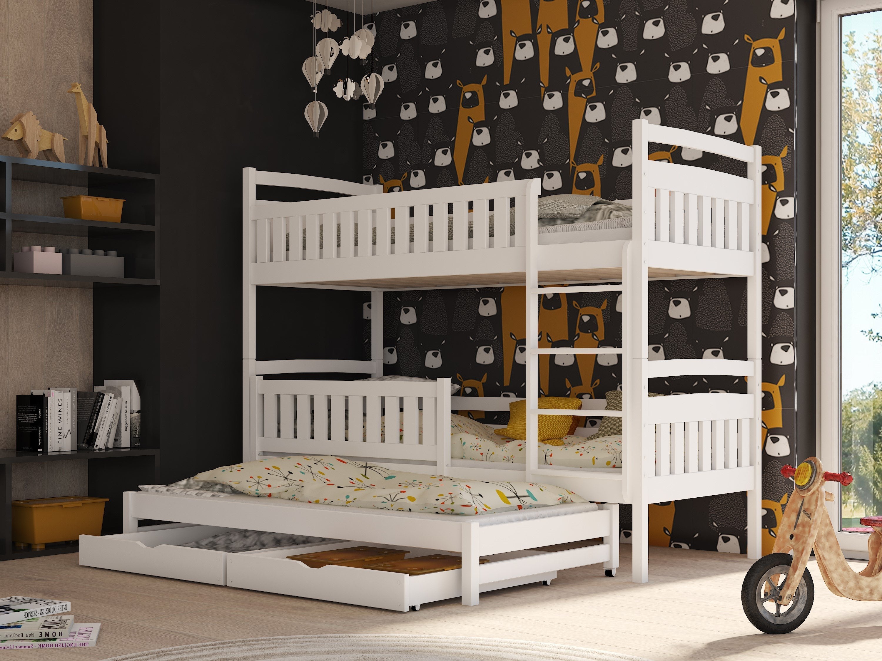 Single (3ft) Solid Pine Bunk Bed with Trundle & Storage White Matt Foam Mattresses