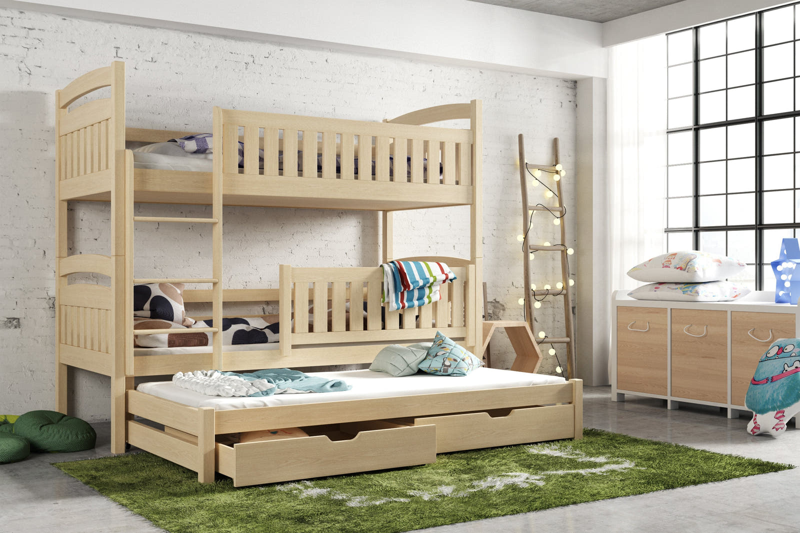 Solid Pine Bunk Bed with Trundle & Storage – Single 3ft | Non-Toxic Paint Triple Sleeper Kids Bed Pine