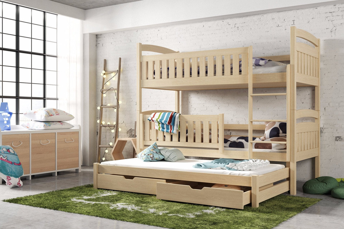 Solid Pine Bunk Bed with Trundle & Storage – Single 3ft | Non-Toxic Paint Triple Sleeper Kids Bed Pine Foam Mattresses